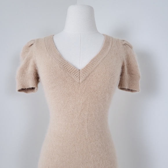 *Free with Purchase* Angora Puff Sleeve Mini Dress Tan V-neck Soft - Picture 5 of 12